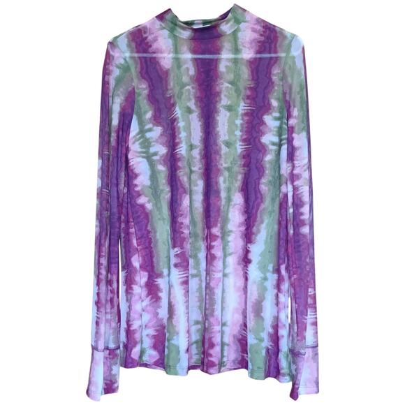 Logo Layers Mesh Mock Neck Top Women's Medium Purple Green Pink Tie Dyed Colors - Picture 1 of 7